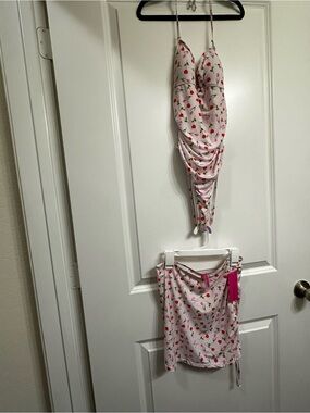 Betsey Johnson Pink Cherry Print Swim Sarong Set